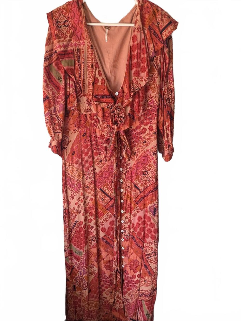Free People XL Button-Front Maxi Dress with Ruffles in Warm Pattern